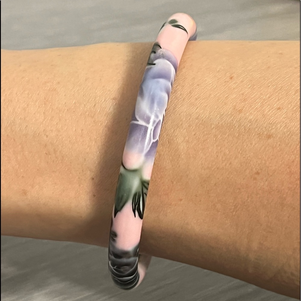 Vintage Light Pink Bangle Bracelet with Purple and Black Flowers, Boho